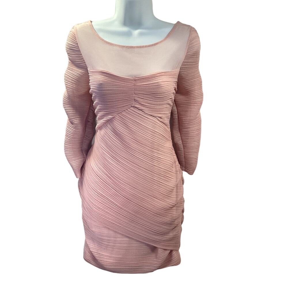 BCBCBG Maxazaria NWT Danika Blush Ruched Bodycon Mesh Mid Sleeve Mini Dress L